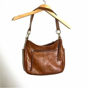 Ecotorie Bleu Tan Leather Shoulder Bag purse tassel detail zipper top
